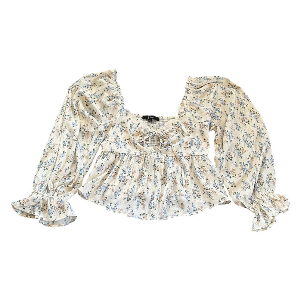 Lulus Ivory Floral Balloon Sleeve Cropped Babydoll Top Milkmaid Fairycore Medium